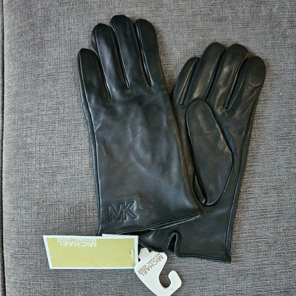Michael Kors Women's Black Quilted Logo Leather Gloves Size XLarge
